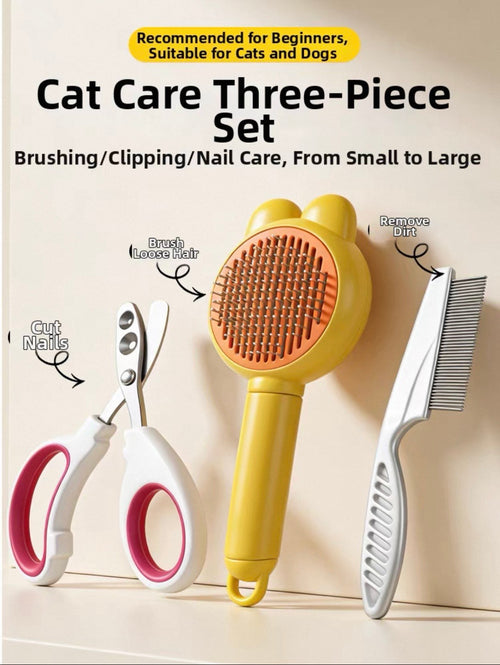 Cat care three-piece set with brush, clippers, and scissors on a beige background