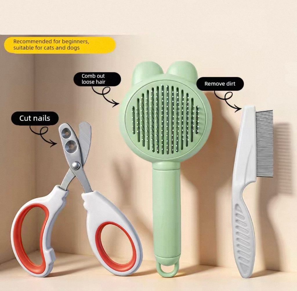 Pet grooming tools including scissors, a brush, and a comb on a beige background.