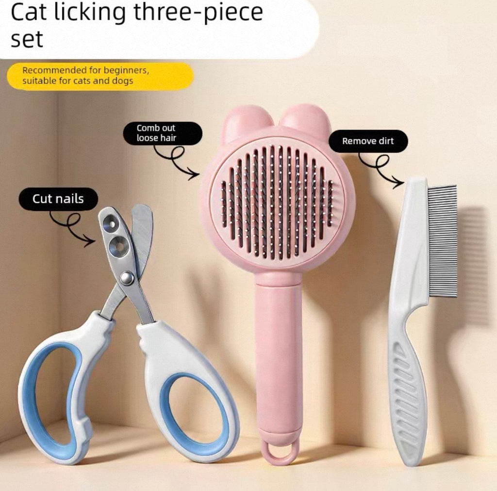 Cat grooming tool set with comb, scissors, and brush on a beige background